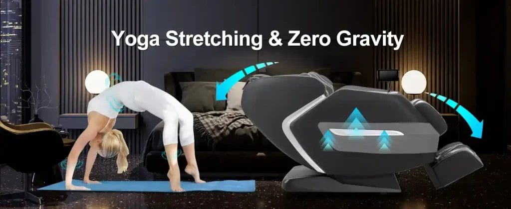 Yoga Stretch Program

The dedicated yoga stretch function represents one of the Mega A580's most distinctive features.

This program orchestrates the chair's multiple systems—airbags, recline mechanism, and roller position—to create deep stretching movements that extend the entire body simultaneously.

During a stretch sequence, the chair might recline while airbags grip the shoulders and pull them backward, simultaneously tilting the footrest to create traction through the legs.

These full-body extension movements target stiffness that develops from sedentary lifestyles, countering the shortened muscle patterns that contribute to poor posture and restricted mobility.

The yoga stretch program works particularly well for morning sessions, preparing the body for daily activities by restoring range of motion and awakening neuromuscular connections.

Evening stretches help release accumulated tension and signal the body to transition into recovery mode.